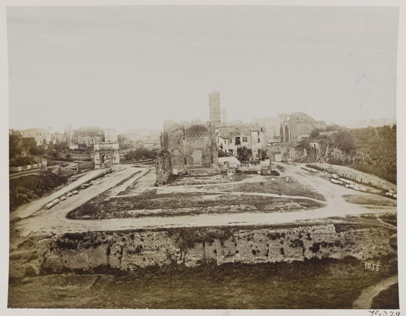 Parker, John Henry, General View of the Porticus Liviae (?), or Porticus Absidata (?), round the edge, and of the Aedes Larum (?), in the centre. The Platform of S. Francesca Romana (?), with remains of the double Colonnade, taken from the top of the Colosseum