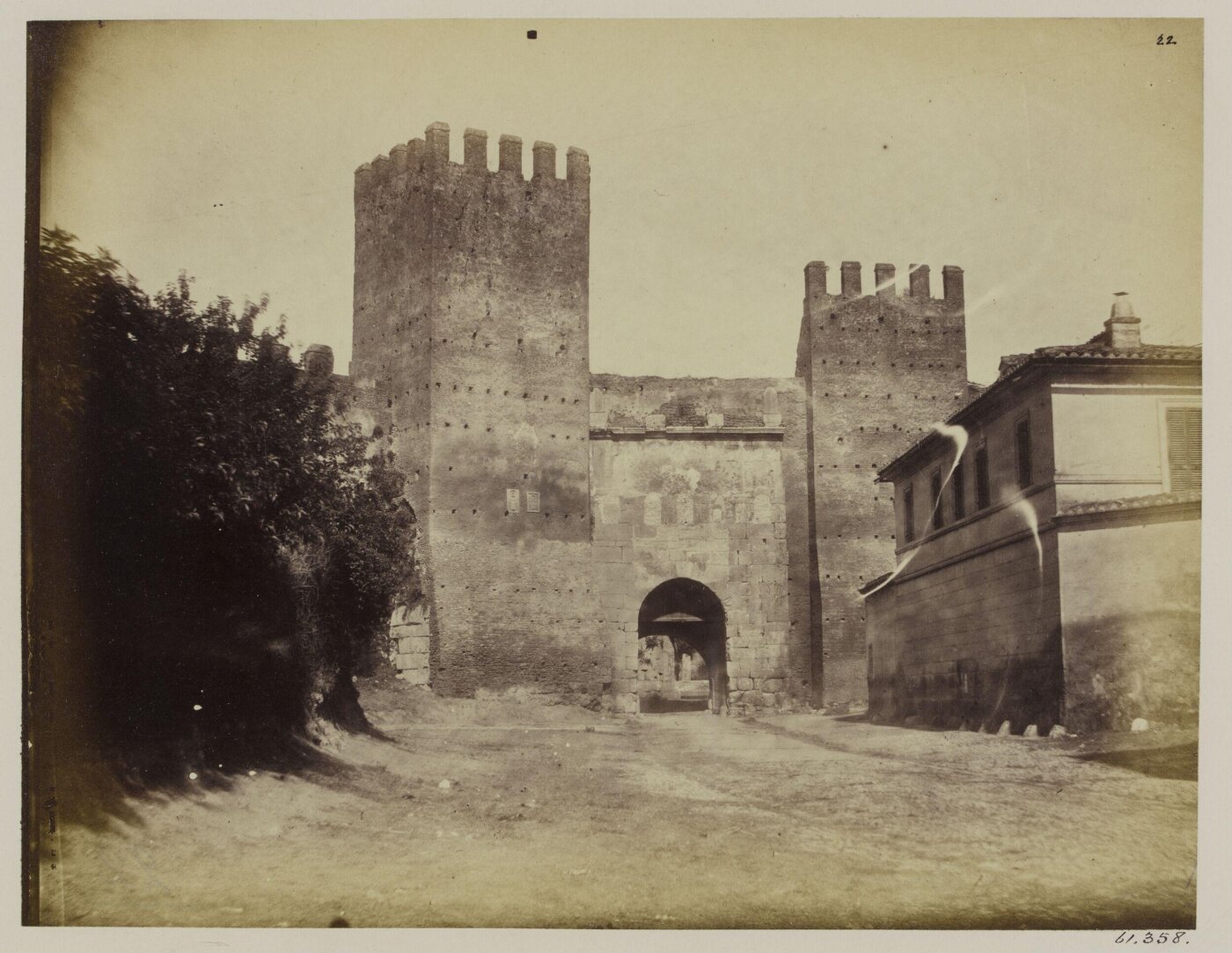 Parker, John Henry, Gates of Rome - Porta Tiburtina (or S. Lorenzo), exterior, Front View, Honorius, A.D. 400. The square brick towers rebuilt in the Middle Ages.