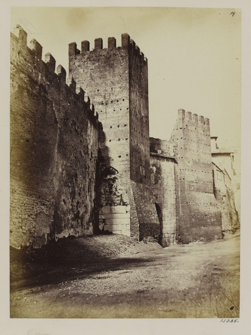 Parker, John Henry, Gates of Rome - Porta Tiburtina (or S. Lorenzo, called Viminalis by Frontinus), Side View, exterior, stone-work of Honorius, A.D. 400, the square brick towers rebuilt.