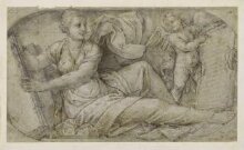 Reclining sibyl holding a book, with a winged putto supporting an inscribed tablet thumbnail 1