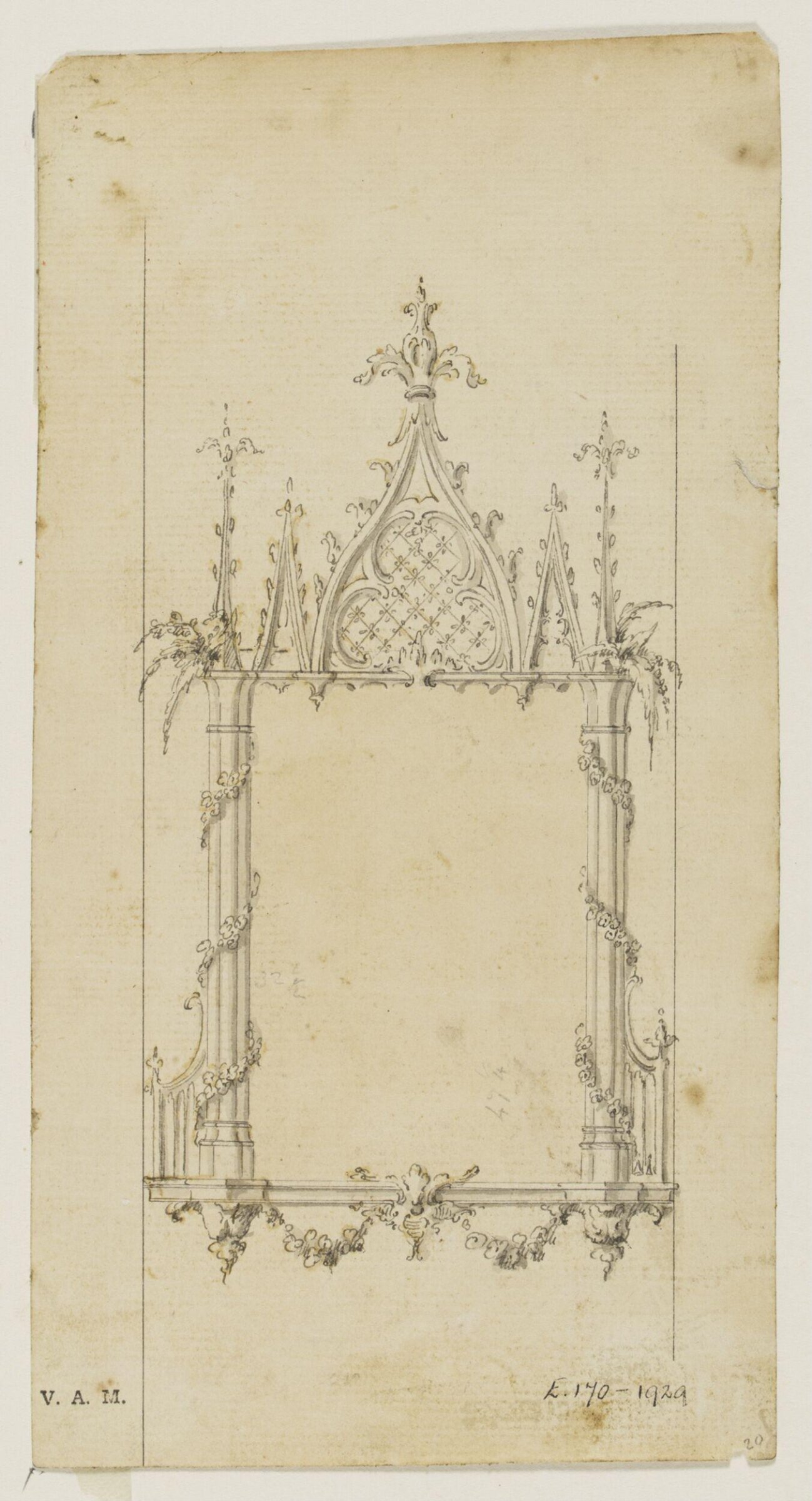 Design for a pier-glass in the gothic style from; A Miscellaneous Collection of Original Designs, made, and for the most part executed, during an extensive Practice of many years in the first line of his Profession, by John Linnell, Upholsterer Carver & Cabinet Maker. Selected from his Portfolios at his Decease, by C. H. Tatham Architect. AD 1800., John Linnell, ca.1755-1760