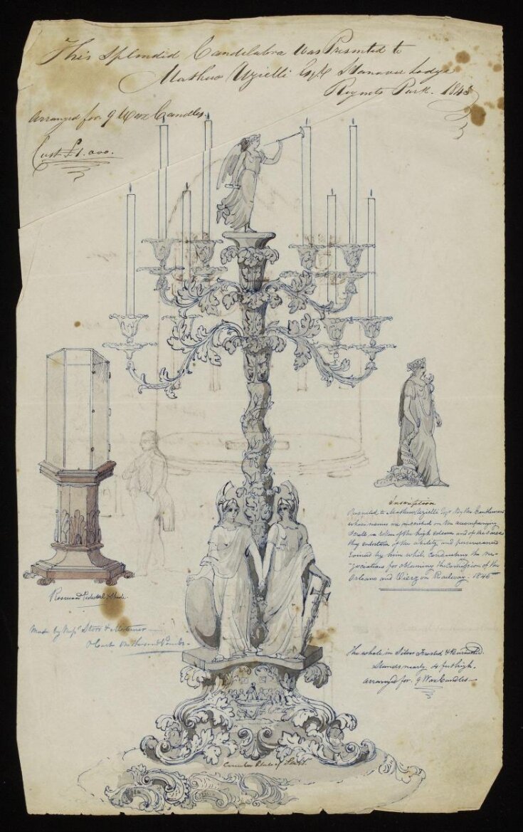 Design for a presentation candelabrum for Matthew Uzielli, Hanover Lodge, Regents Park, London top image