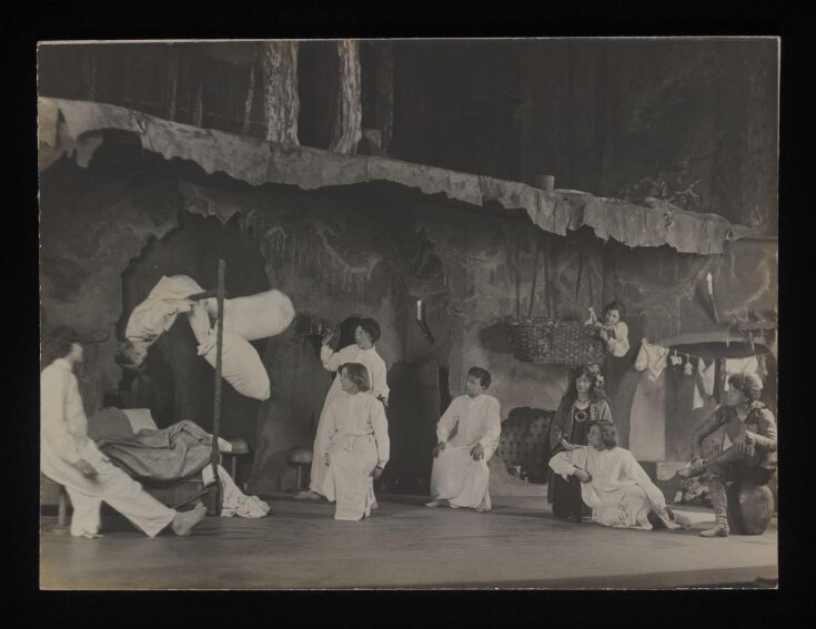 Pauline Chase as Peter Pan, Hilda Trevelyan as Wendy, and the Lost Boys in Peter Pan, Duke of York's Theatre, December 1907 top image