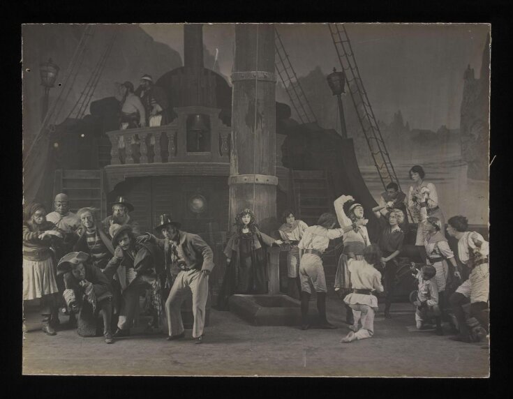  Robb Harwood as Captain Hook, Pauline Chase as Peter Pan, Hilda Trevelyan as Wendy and others in i>Peter Pan, Duke of York's Theatre, December 1907 top image