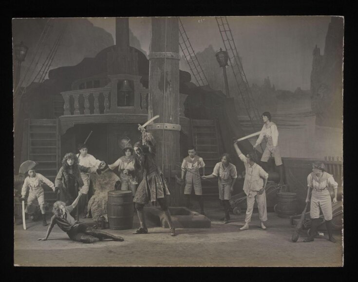 Pauline Chase as Peter Pan, Hilda Trevelyan as Wendy, Robb Harwood as Captain Hook, and others in Peter Pan by J.M. Barrie, Duke of York's Theatre, December 1907 top image