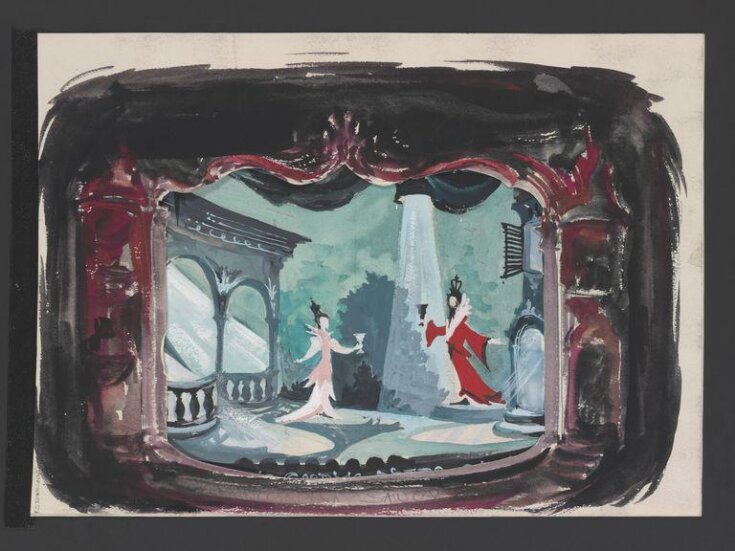 Designs for the D'Oyly Carte Opera Company Christmas card, probably 1955, based on the set design for Princess Ida by James Wade used at the Savoy Theatre 1954 top image
