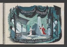 Designs for the D'Oyly Carte Opera Company Christmas card, probably 1955, based on the set design for Princess Ida by James Wade used at the Savoy Theatre 1954 thumbnail 1