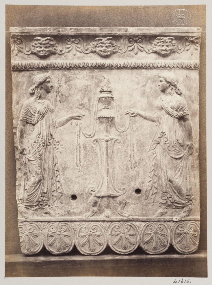 Bas-relief portion of a frieze of two draped females and an altar in terra cotta top image