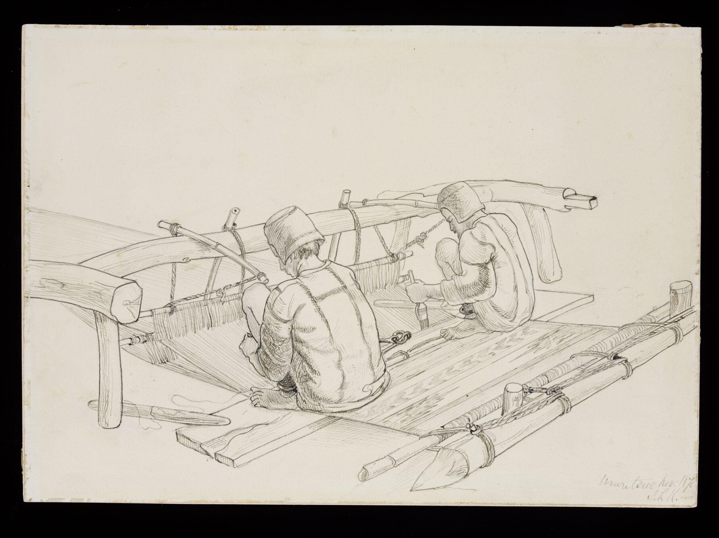 Two men weaving a dari on a loom