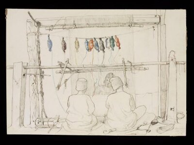 Three men from Amritsar jail working at a carpet loom