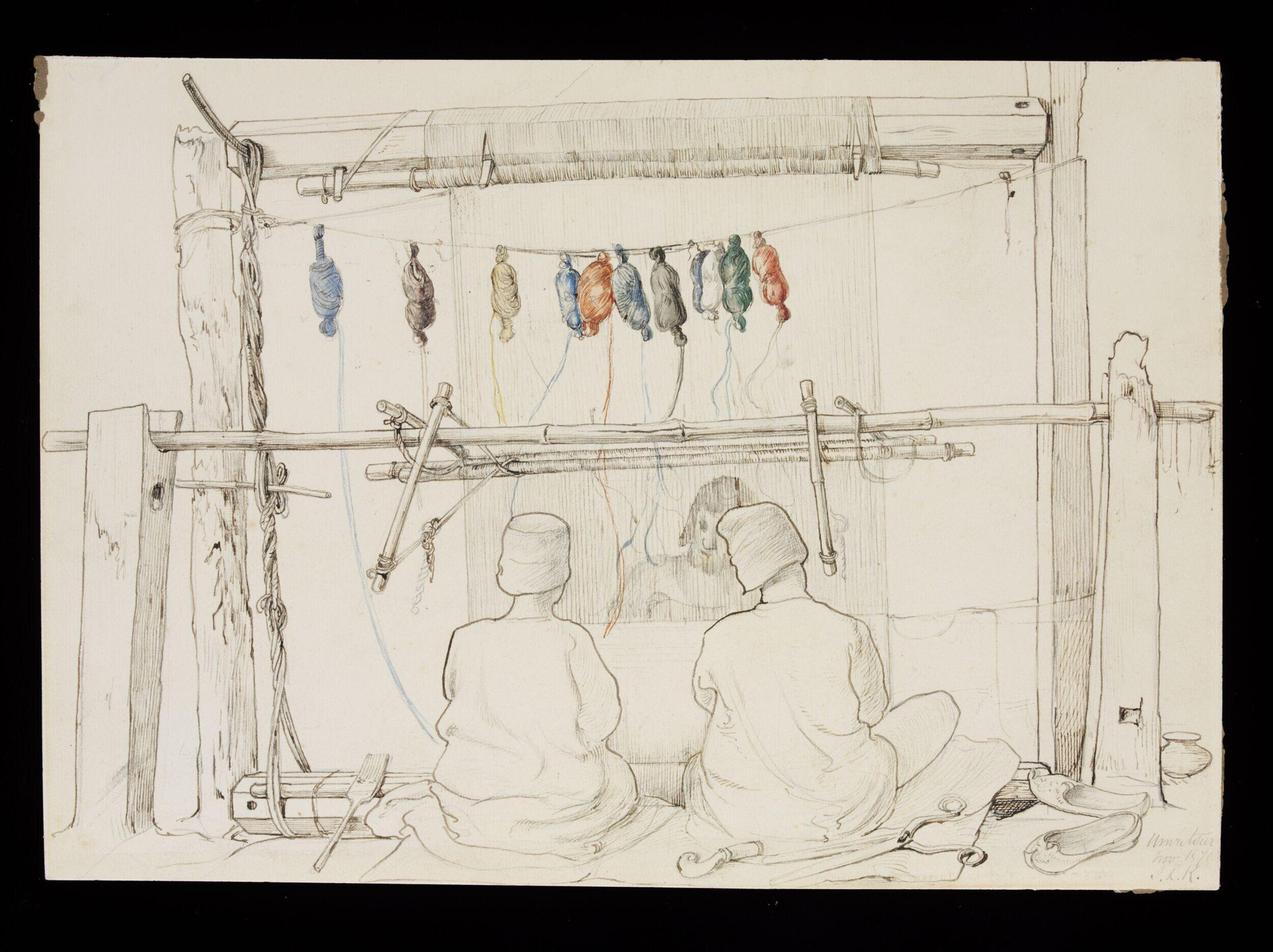 Three men from Amritsar jail working at a carpet loom
