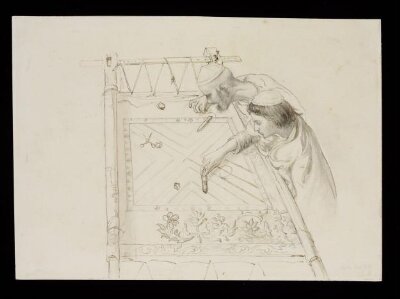 Two men working at an embroidery frame