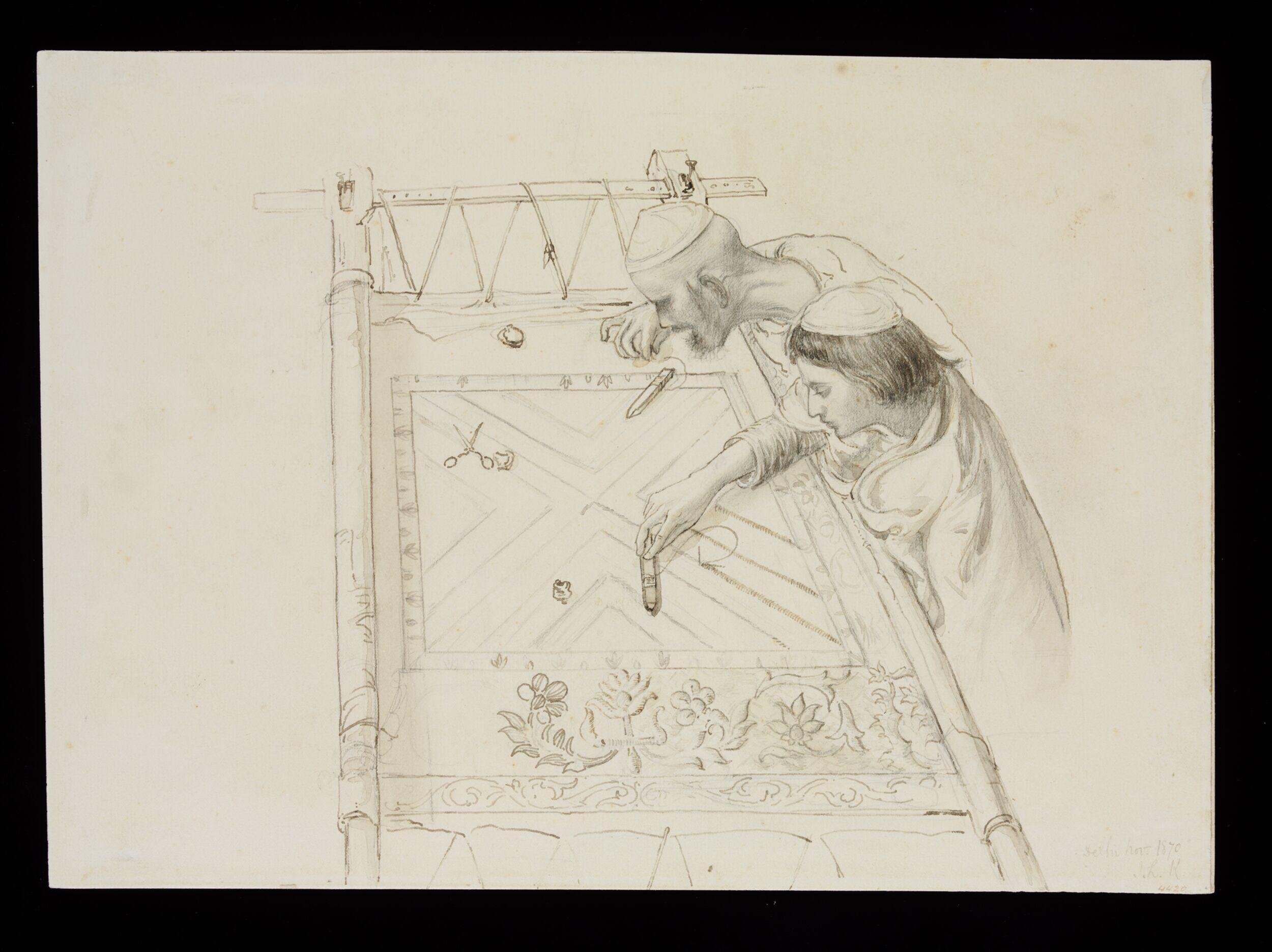 Two men working at an embroidery frame