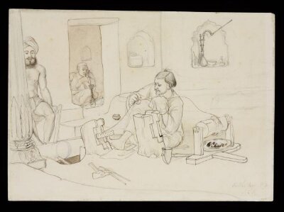 Three men in a workshop producing silver gilt wire