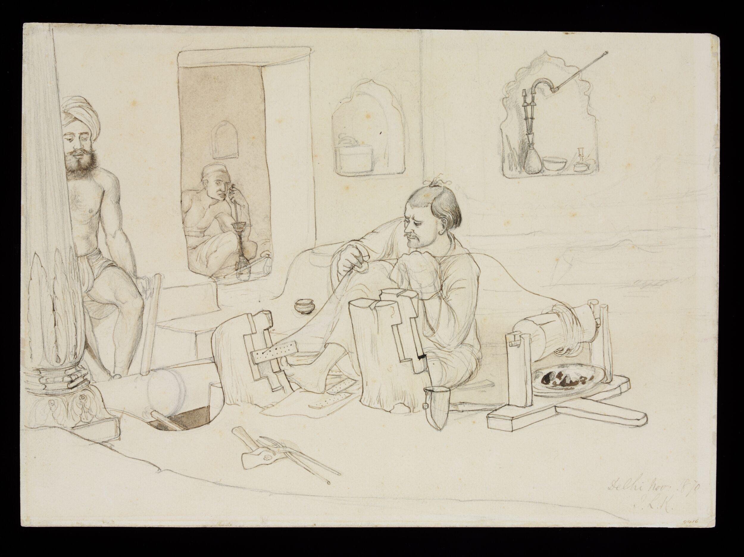 Three men in a workshop producing silver gilt wire