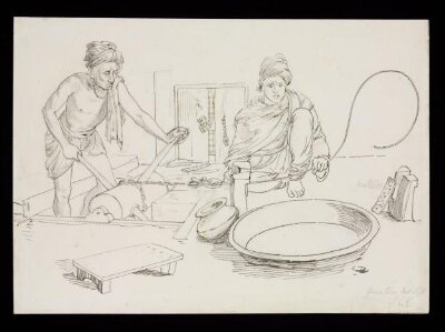 Two men working with machines to produce silver gilt wire