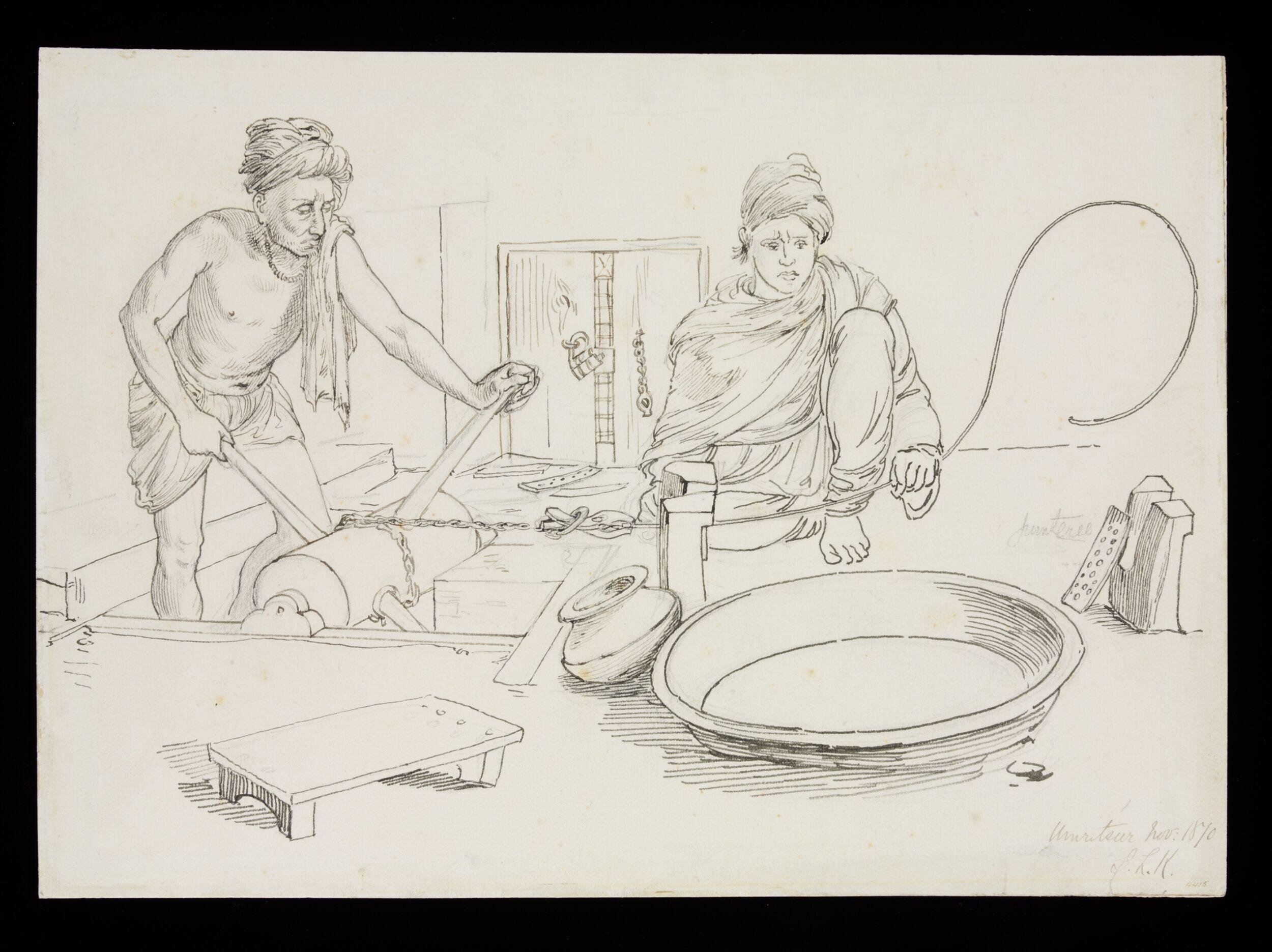 Two men working with machines to produce silver gilt wire