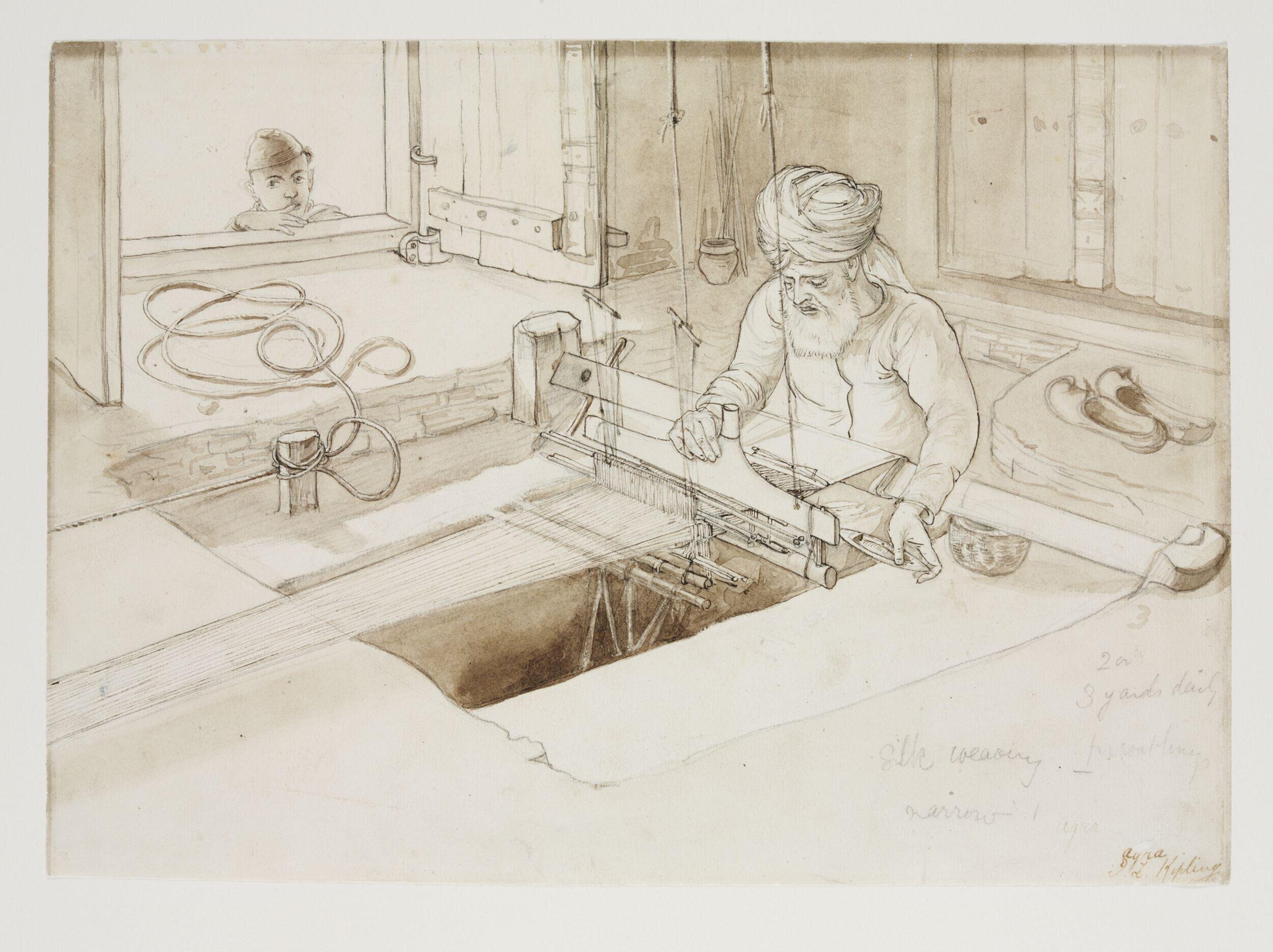 A turbaned man weaving silk on a pit loom