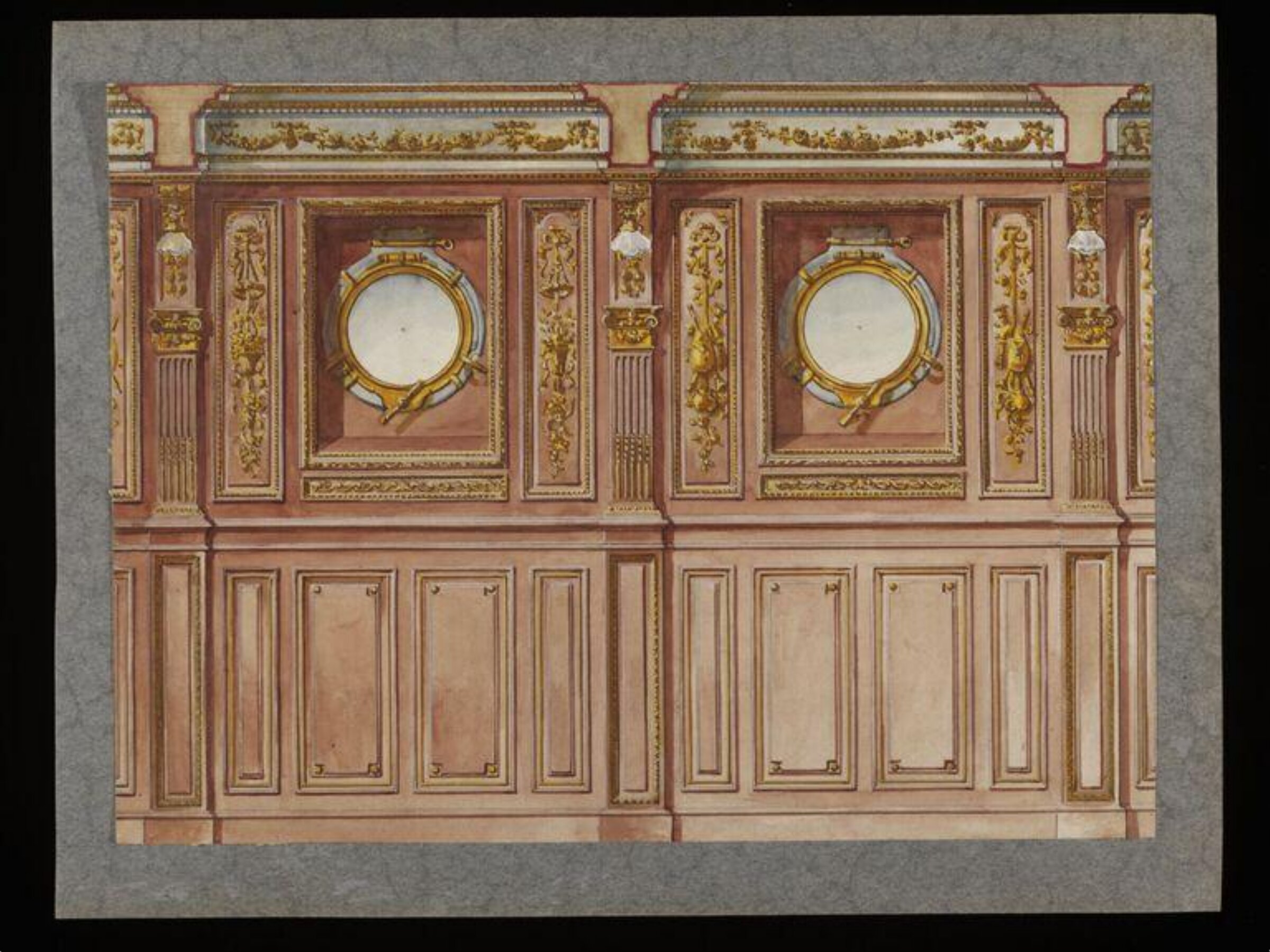 Design for interior elevation of a cabin with 2 portholes, decorated in a neo-classical style with gilded pilasters and trophy panels., Alfred Rogg, Early 20th century