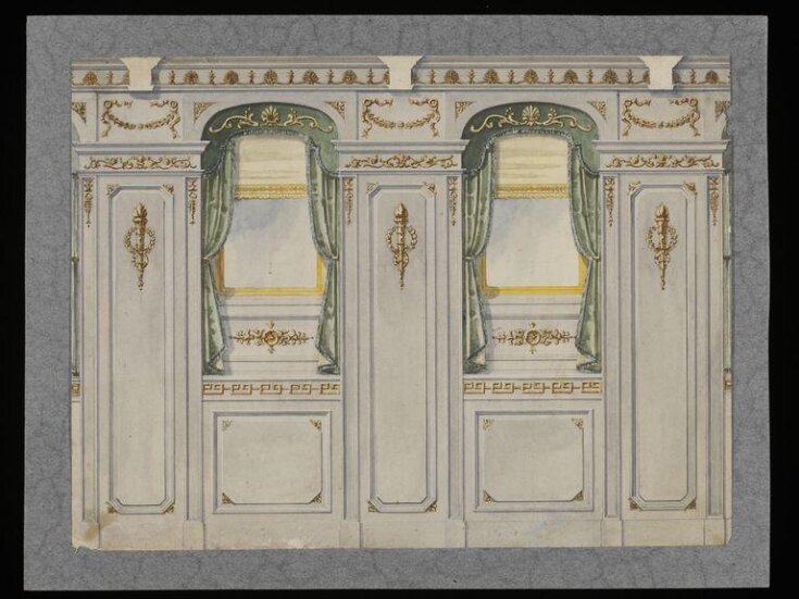 Design for interior elevation of a cabin decorated in a neo-classical style with torch and wreath motif on the panelling and with green pelmet and drapes at the portholes. top image