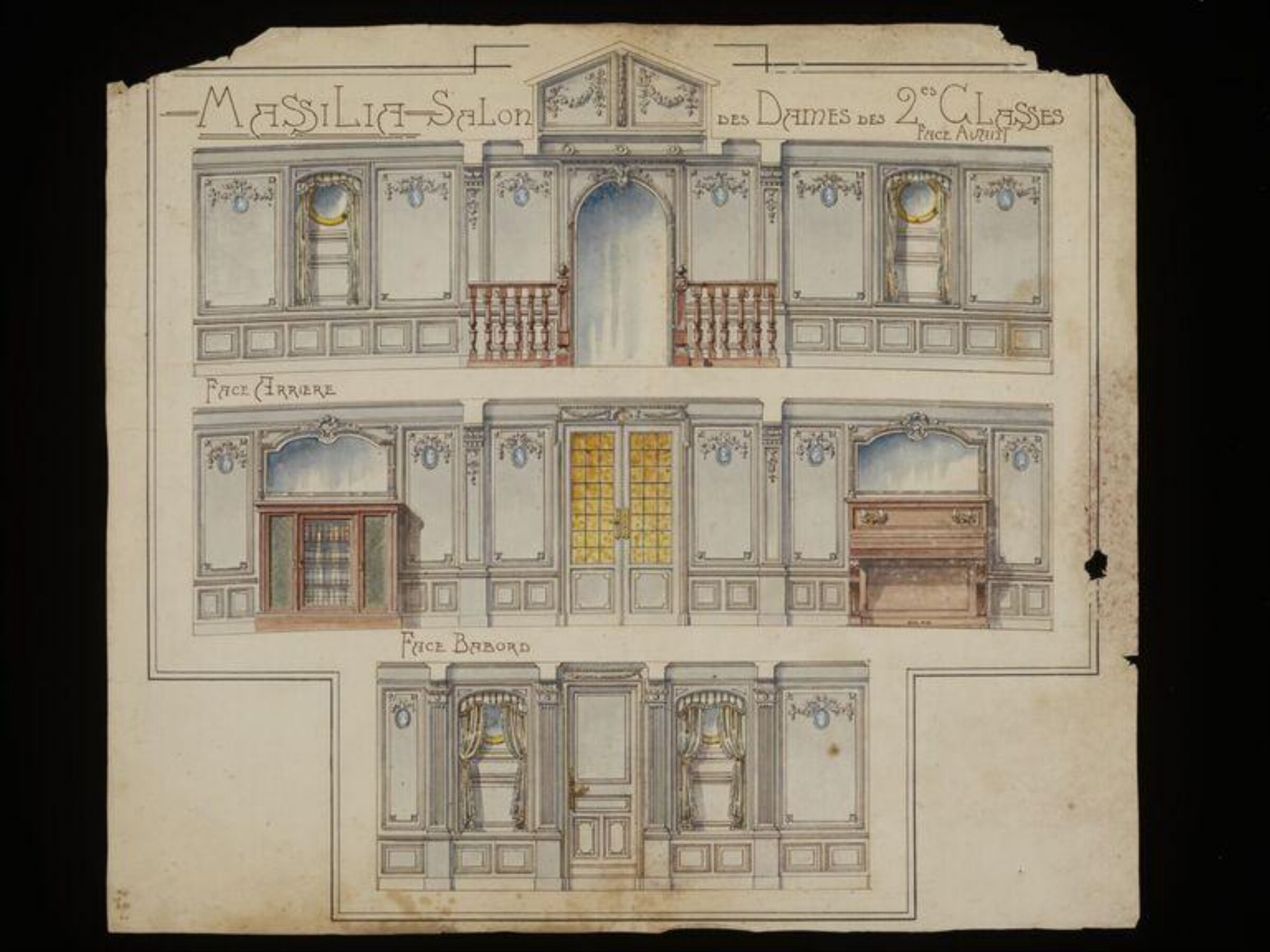Design showing front, rear and side elevations of the Ladies Salon on board SS. Massilia., Alfred Rogg, Early 20th century