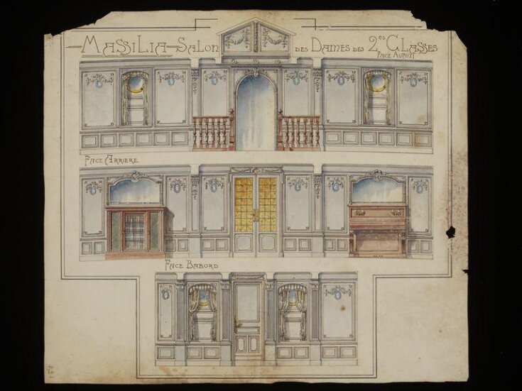 Design showing front, rear and side elevations of the Ladies Salon on board SS. Massilia. top image