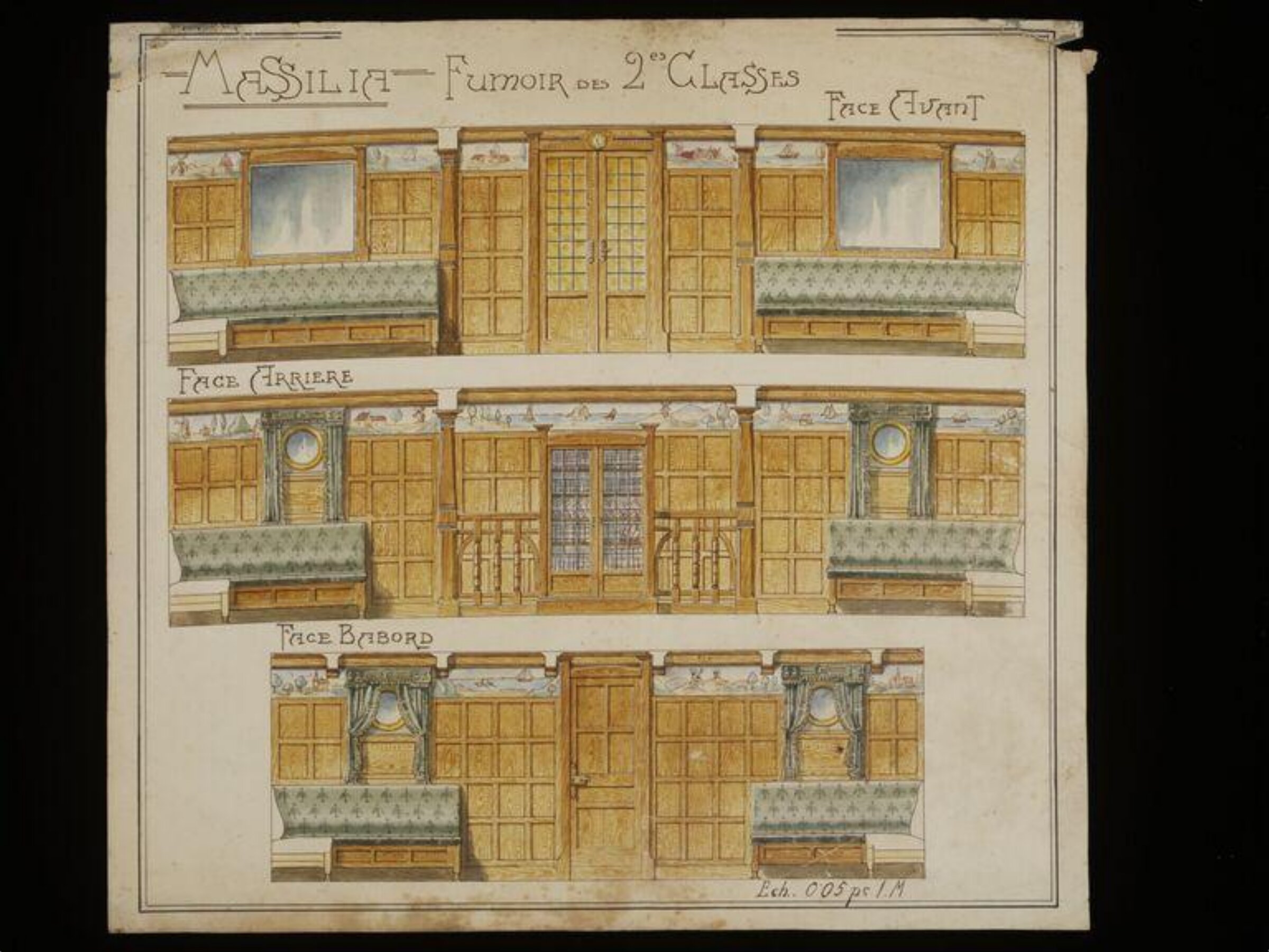 Design showing front, rear and side elevations of the smoking room on board SS. Massilia., Alfred Rogg, Early 20th century
