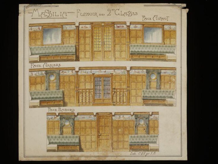 Design showing front, rear and side elevations of the smoking room on board SS. Massilia. top image