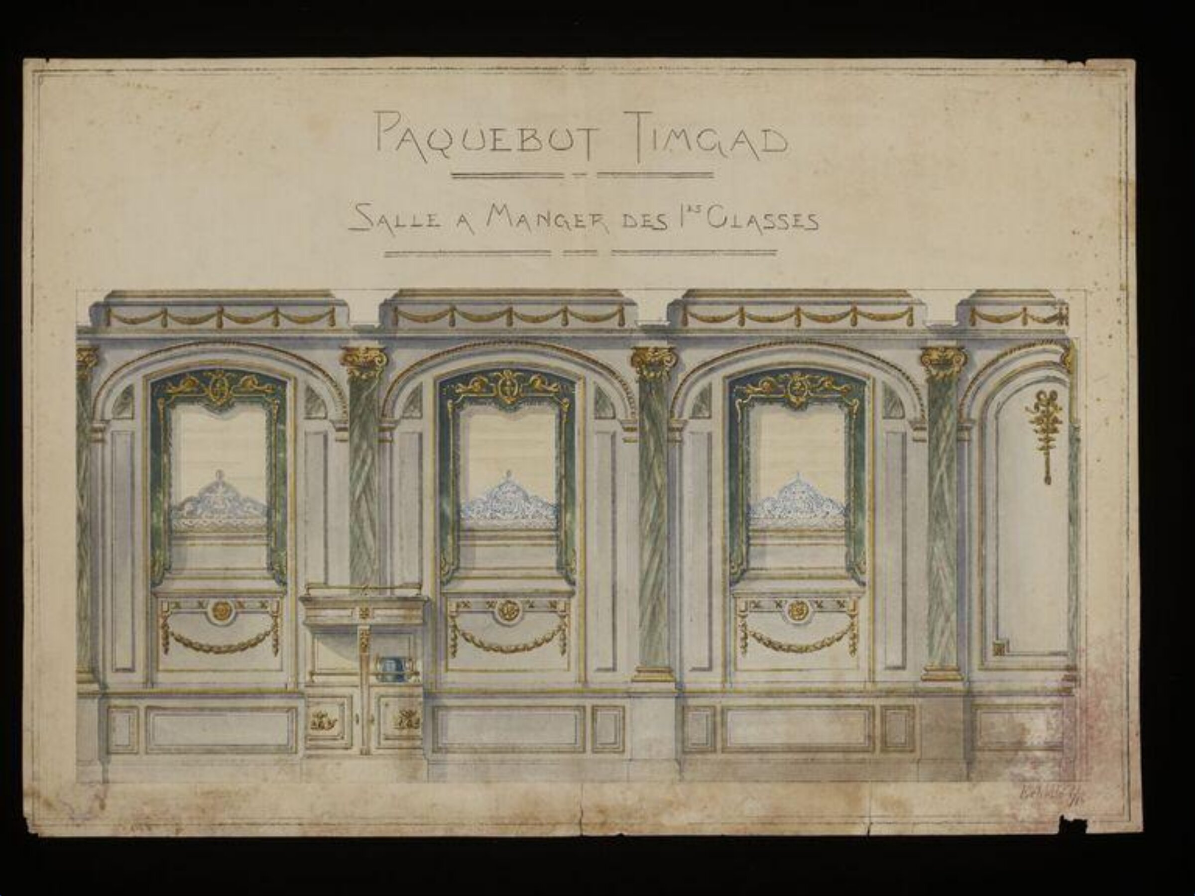 Design showing elevation of the Dining Room on board SS. Timgad decorated in a neo-classical style with marbled Corinthian pilasters., Alfred Rogg, early 20th century
