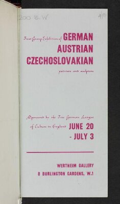 First Group Exhibition of German, Austrian, Czechoslovakian Painters and Sculptors, Wertheim Gallery, London, June 1939
