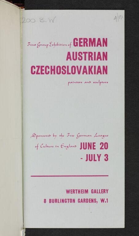 First Group Exhibition of German, Austrian, Czechoslovakian Painters and Sculptors, Wertheim Gallery, London, June 1939