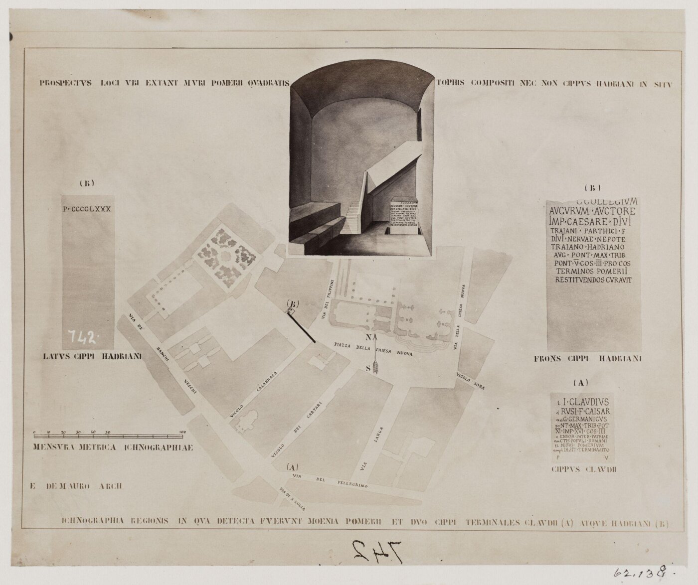 Parker, John Henry, Inscriptions - Two Cippi of the Pomerium, one of Claudius, the other of Hadrian, with a Plan of the ground where they were found