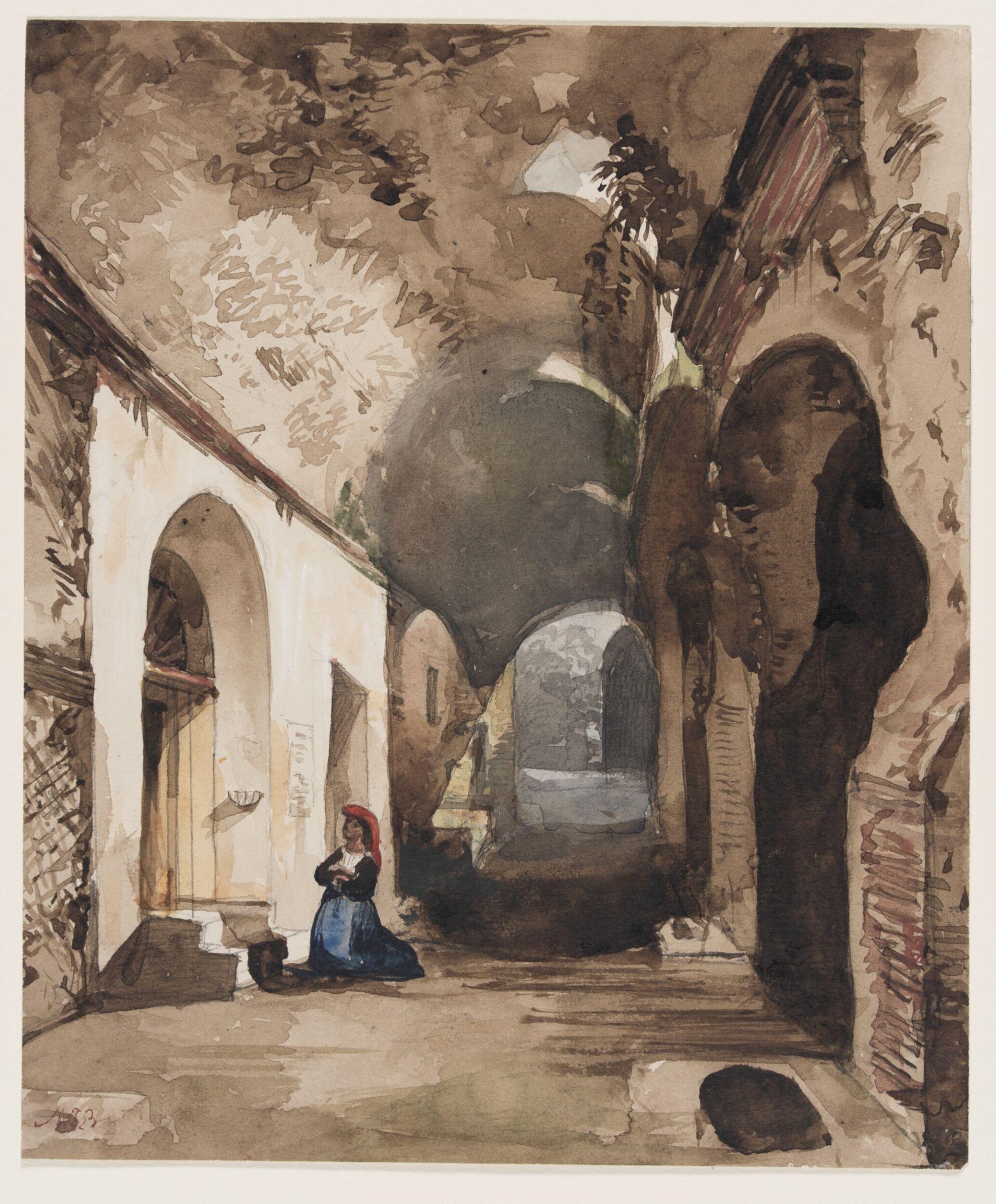 Woman praying in a vaulted shrine in the amphitheatre of Pozzuoli (Naples), Giacinto Gigante, ca.1855