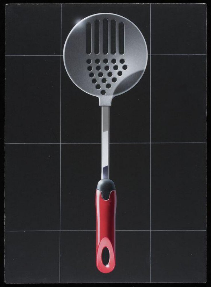 Presentation drawing showing a slotted spoon with a  red plastic handle image