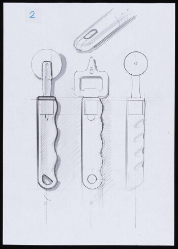 Designs for a pizza cutter, a bottle opener and a  melon scoop