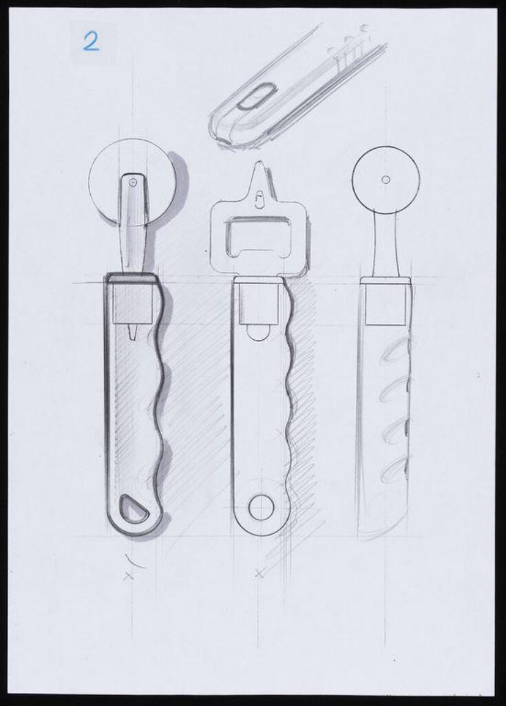 Designs for a pizza cutter, a bottle opener and a  melon scoop top image