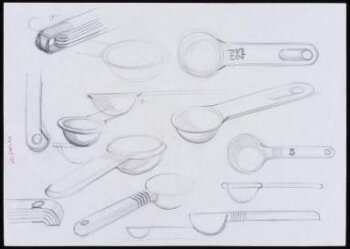 Perspective sketch designs for a set  of nesting measuring scoops