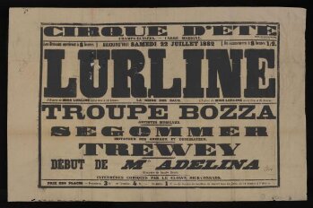 Poster advertising the Cirque d'Été, Paris, France, 22nd July 1882, starring Lurline 'La Reine des Eaux