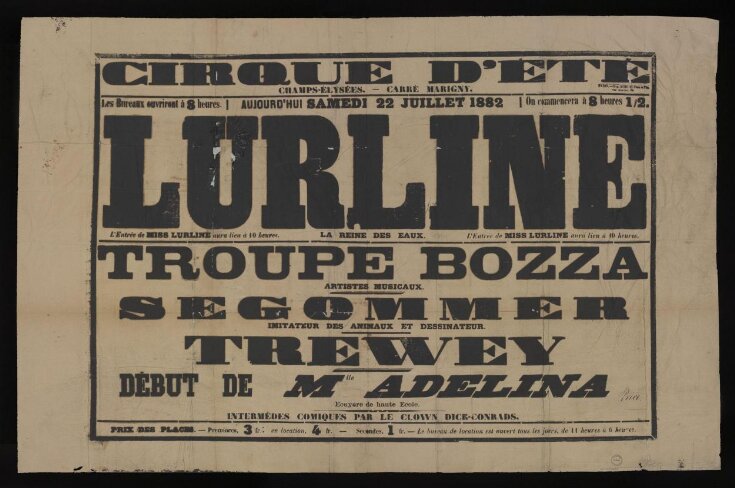 Poster advertising the Cirque d'Été, Paris, France, 22nd July 1882, starring Lurline 'La Reine des Eaux top image