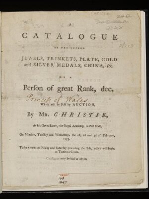 Jewels, trinkets, plate, gold and silver medals, china. 1773 Feb. 1-3