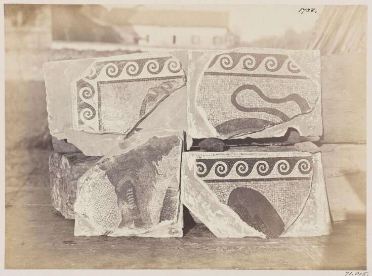 Excavations, 1868 - Fragments of Mosaic Pavements found in the walls of the private house of Hadrian, A.D. 120, in the Vigna Guidi top image