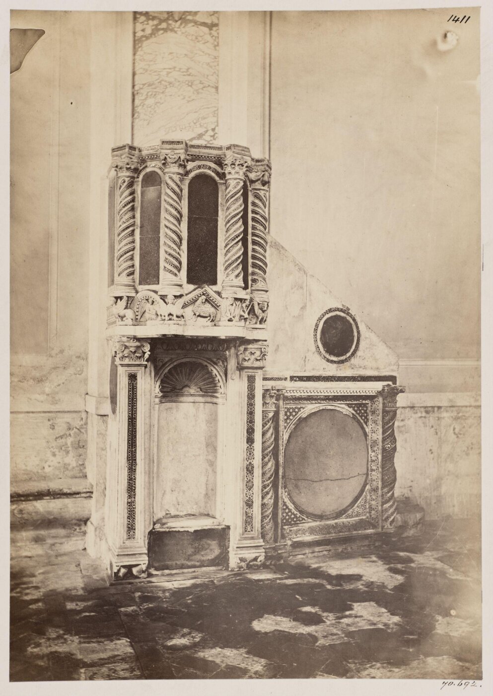 Parker, John Henry, Church and Altar Decoration, S. Cesareo - Marble Pulpit with panels of porphyry, twisted shafts and Cosmati Mosaic-work of the thirteenth century, made up again in the sixteenth