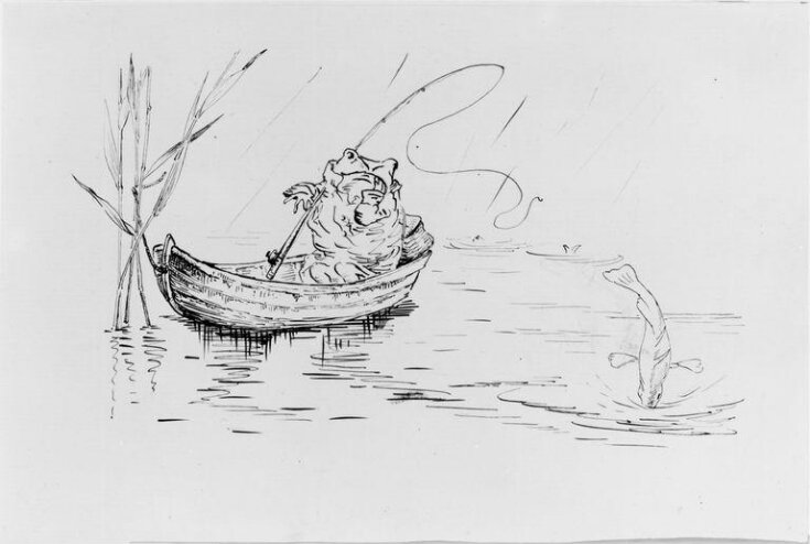 Image of A Victorian New Year card of a frog going fishing, by