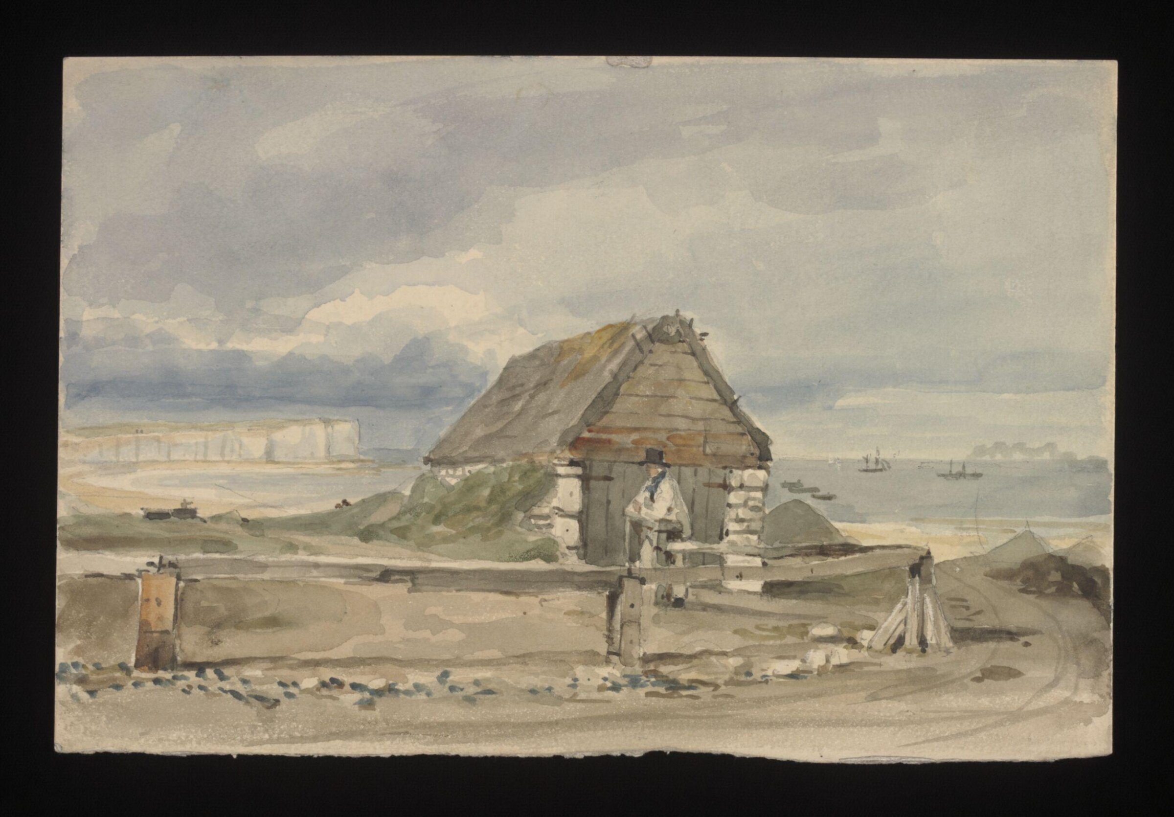 Watercolour drawing by the Grieve family, probably by Thomas Grieve, showing a hut by the sea at Margate, Thomas Grieve, early 19th century