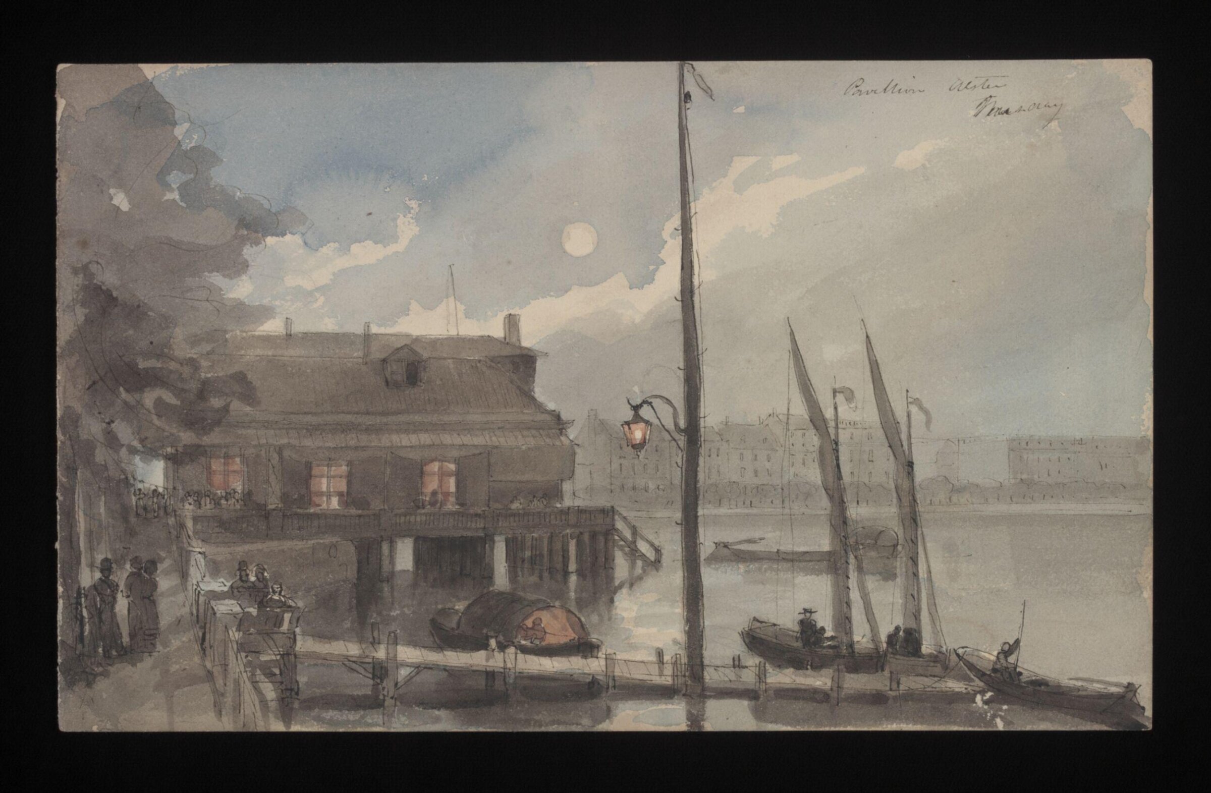 Watercolour drawing by the Grieve family, probably by Thomas Grieve, showing a pavillion beside a river, Thomas Grieve, 19th century