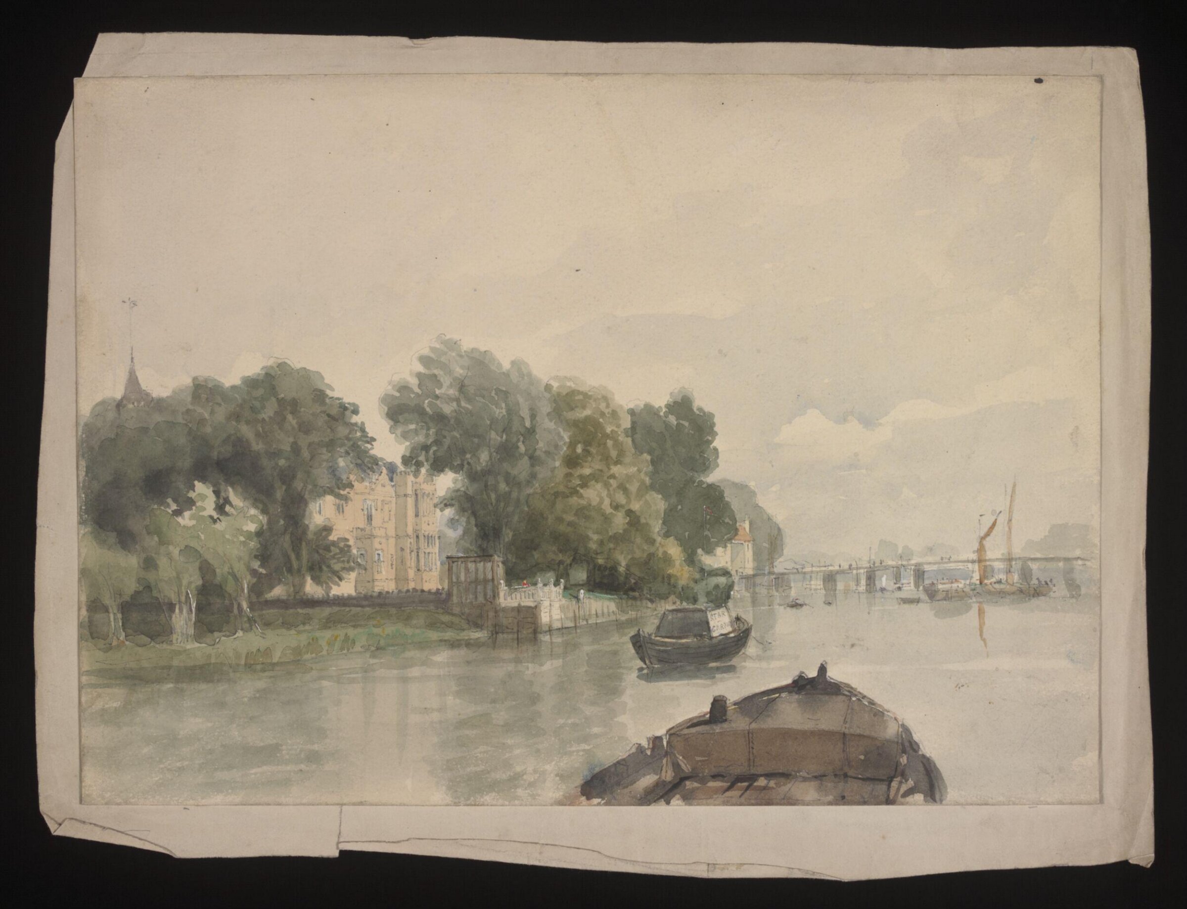 Watercolour drawing by the Grieve family, showing a scene on the River Thames, Grieve, early 19th century