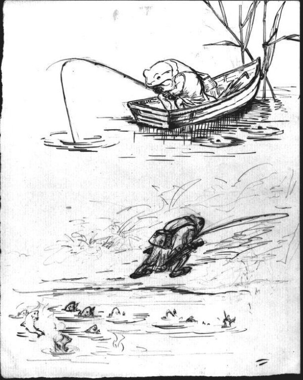 The frog fishing in his boat (above); the frog going home empty-handed  (below), Beatrix Potter