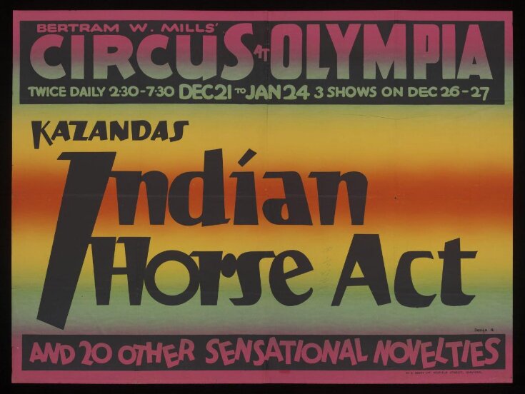 Poster advertising Bertram Mills Circus featuring Kazanda's Indian Horse Act, Olympia, 1927 to 1928 image