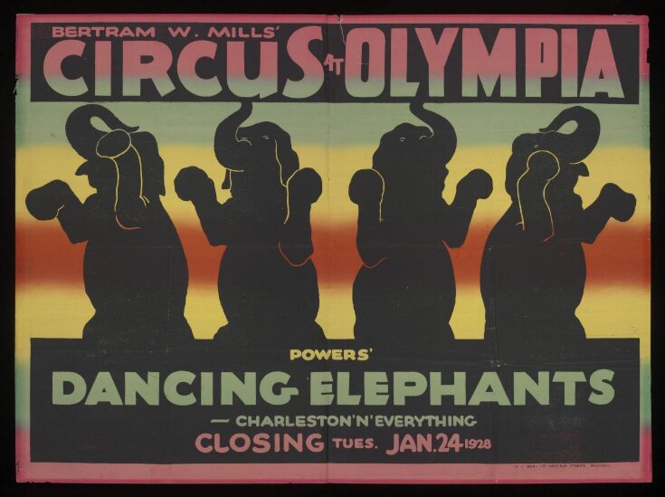 Poster featuring Powers' Dancing Elephants and advertising the closure of Bertram Mills Circus, Olympia, 24th January 1928 image