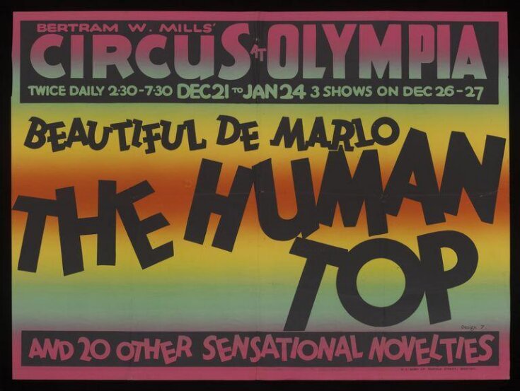 Poster advertising Bertram Mills' Circus featuring Beautiful De Mario the Human Top, Olympia, 1927 to 1928 image